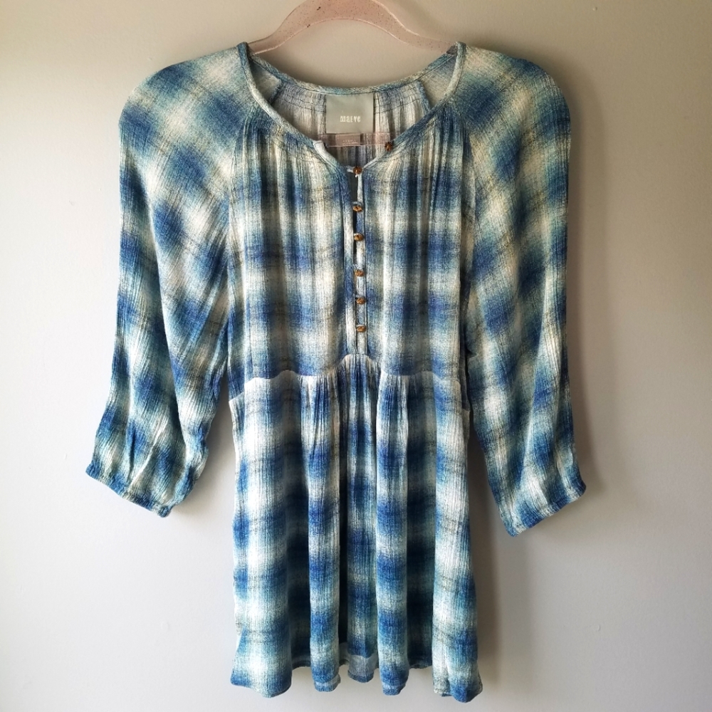 Maeve Blue Plaid 3/4 Sleeve Peasant Top Size XS